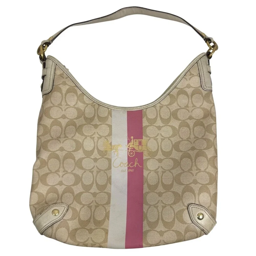 Coach Chelsea Signature Logo Stripe Heritage Pink/Beige Canvas Hobo Bag 13193